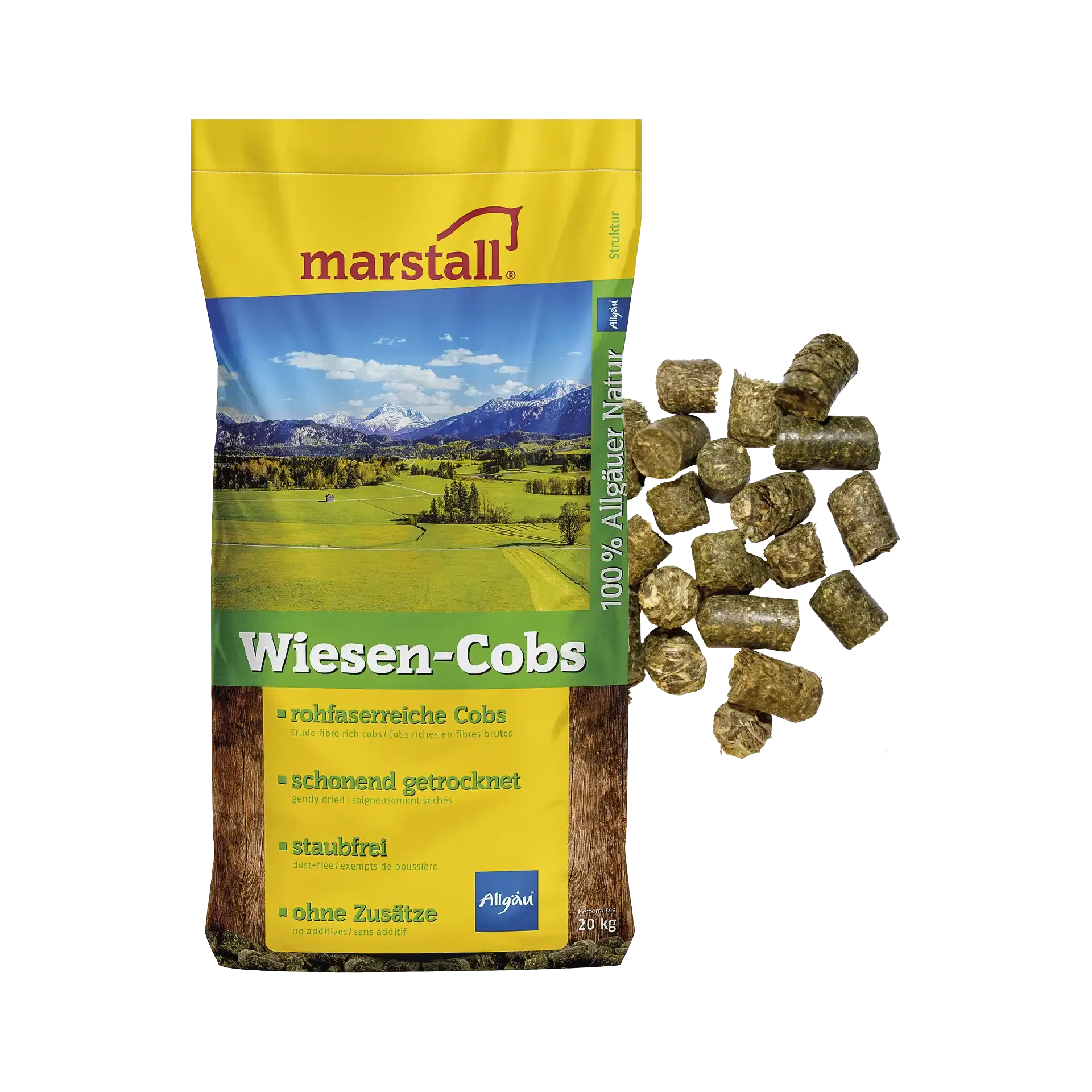 Wiesen-Cobs Eingeweicht dienen Wiesen-Cobs als idealer Heu-Ersatz oder Raufutter-Ergaenzung